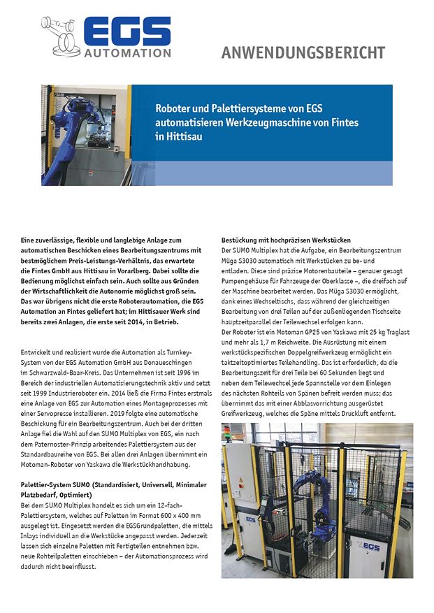 Roboter und Palettiersysteme von EGS automatisieren Werkzeugmaschine