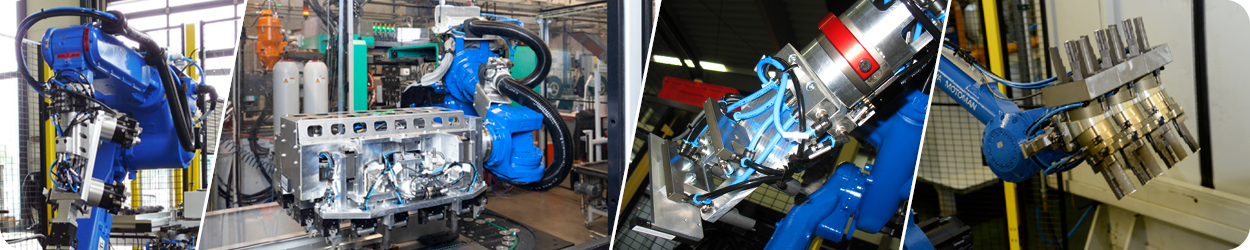 Breites Panorama aus vier Industrieaufnahmen, das verschiedene automatisierte Handhabungs‑ und Greifanwendungen zeigt. In allen Bildsegmenten sind blaue, mehrachsige Industrieroboter innerhalb von Sicherheitsumhausungen mit gelben Schutzpfosten und Metallgittern zu sehen. Die Roboter sind mit komplexen, modular aufgebauten Greif‑ und Handhabungssystemen aus Metall ausgestattet, die über pneumatische Leitungen, Sensorik und Energieketten verfügen. Die Greifsysteme halten oder positionieren präzisionsgefertigte Metallbauteile, darunter großformatige Werkstücke, zylindrische Komponenten und mehrteilige Baugruppen. Die Umgebung zeigt eine industrielle Produktionshalle mit Maschinen, Werkstückträgern, Steuerungseinheiten und Beleuchtung für automatisierte Montage‑, Bearbeitungs‑ oder Handhabungsprozesse.