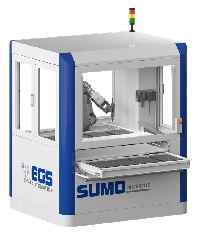 Roboterarm in einer quadratischen Zelle