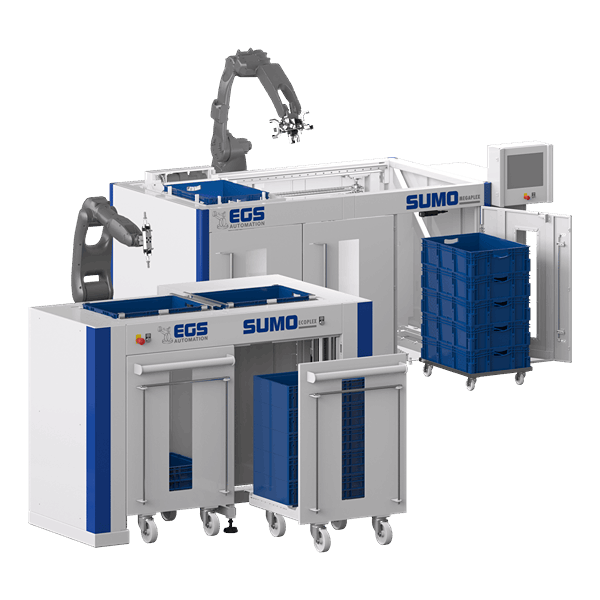 grauer Roboterarm mit Palettiermaschine