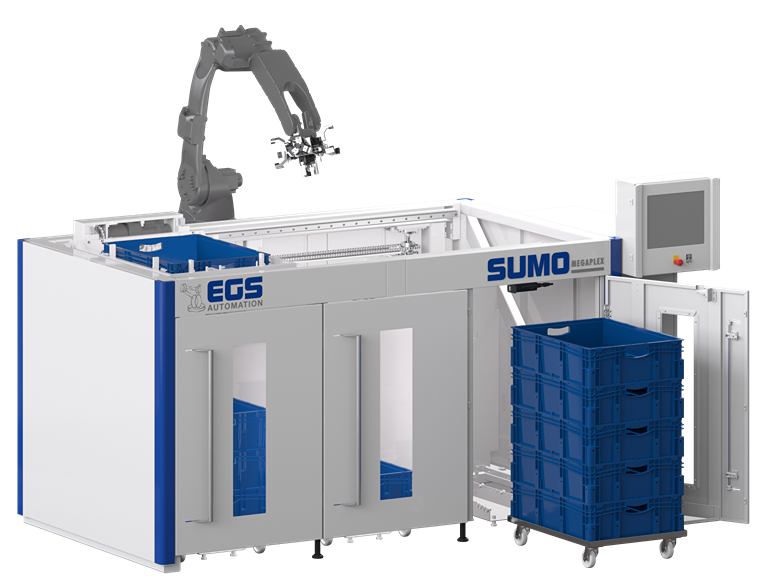 grauer Roboterarm mit Schubladensystem